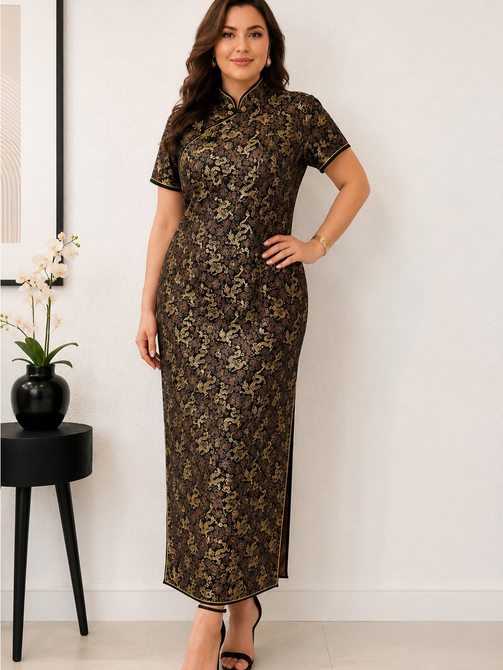 Classic‎ Black & Gold Brocade Maxi Cheongsam Dress 10